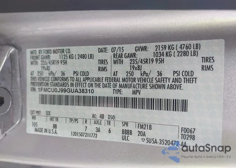 2016 Ford Escape Titanium z USA, uszkodzony, nr VIN 1FMCU0J99GUA38310